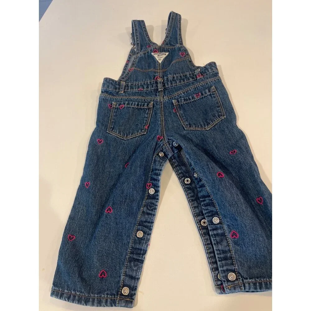 OshKosh Bgosh Baby Girls 18M Denim Overalls With Pink Heart Embroidery